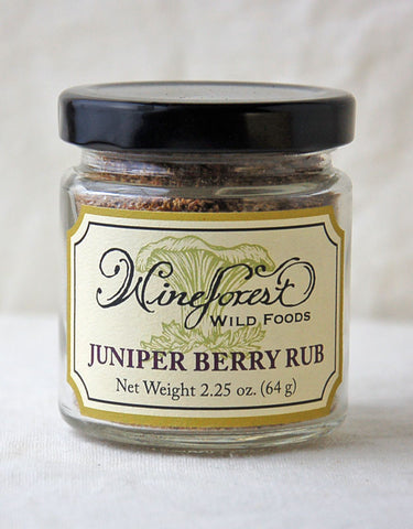 Jar of Wine Forest Wild Foods wild juniper berry rub, hand blended and sourced with care