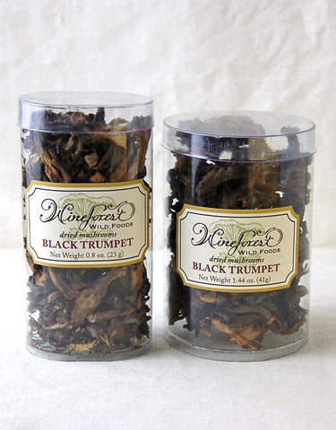 Wine Forest premium dried wild black trumpet mushrooms in small and large resealable containers
