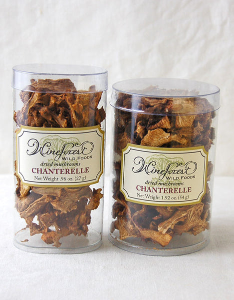 Wine Forest premium dried wild chanterelle mushrooms in small and large resealable containers