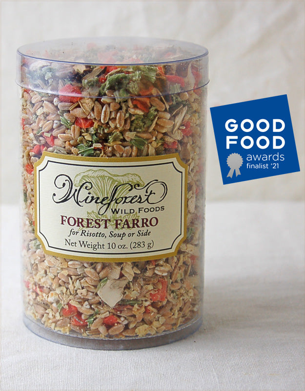 Resealable container of Wine Forest Wild Foods Forest Farro and 2021 Good Food Awards Finalist badge