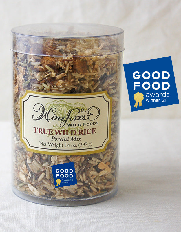 Wine Forest Wild Foods resealable container of True Wild Rice Porcini Mix with Good Food Awards 2021 Winner badge