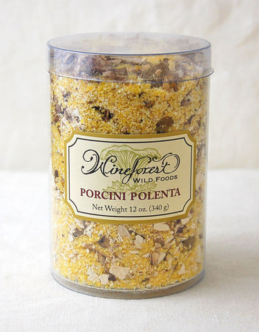 Wine Forest premium dried wild porcini mushrooms combined with organic corn meal polenta in resealable containers 